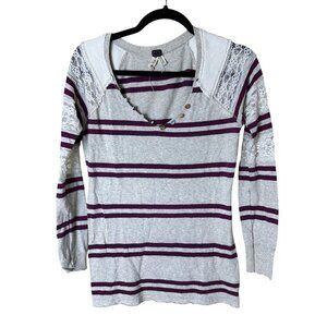 WE THE FREE / FREE PEOPLE Lace Trim Rugby Striped Long Sleeve T Top Size Small